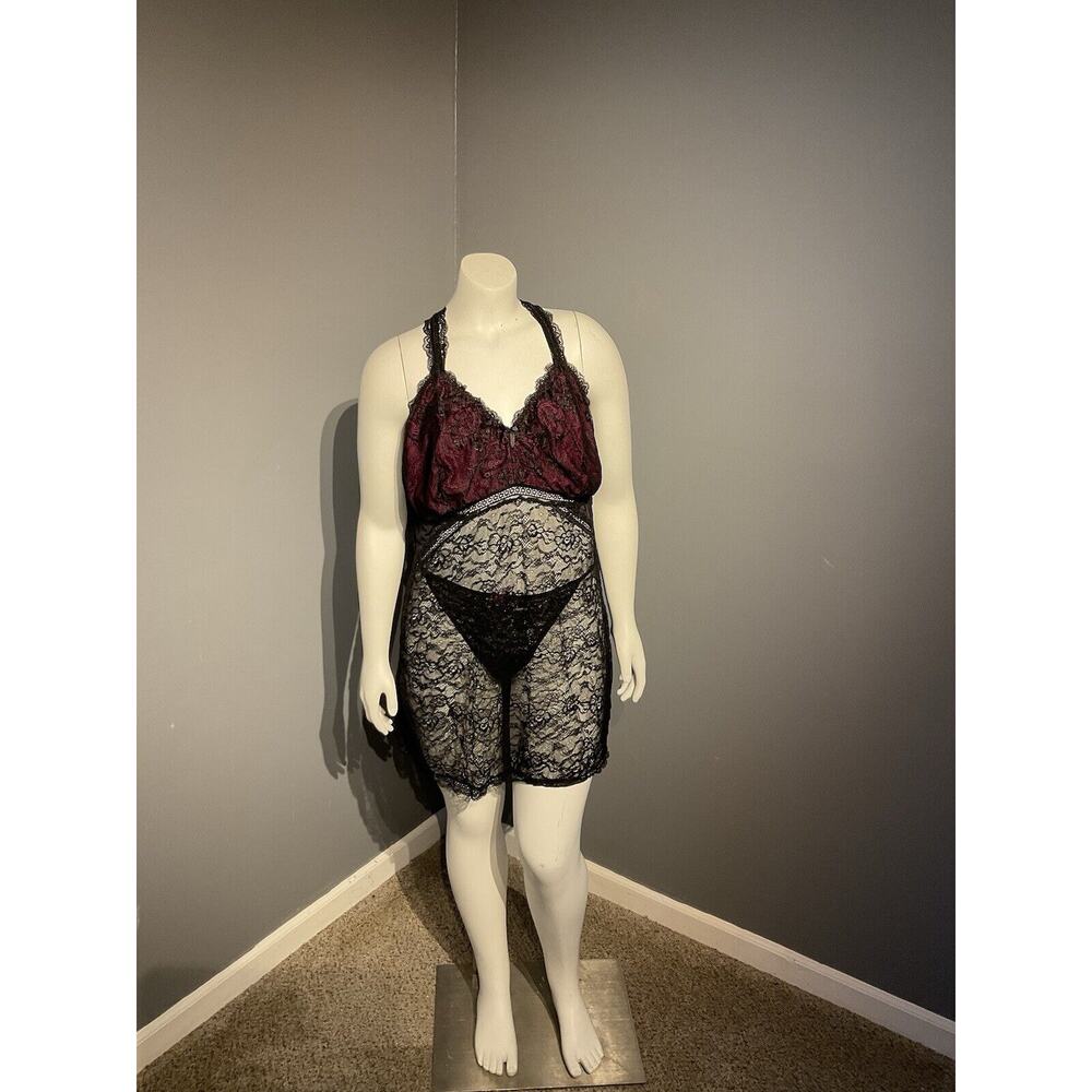 cacique lingerie Babydoll Dress And Thong Panties Black Lace Size 18/20 Sexy